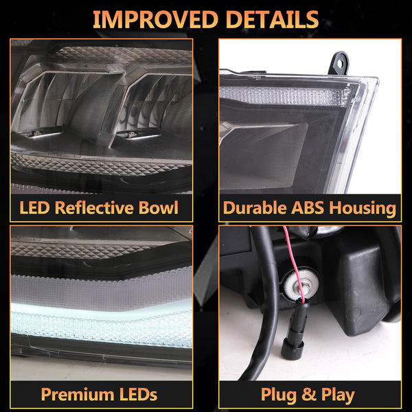 VLAND Motor LED Headlights compatible with RAM 1500 2500 3500 2009-2018 & RAM 1500 Classic 2019-2021, w/Startup dynamic display & Blue to white changing, Passenger & Driver Sides - Clear reflector