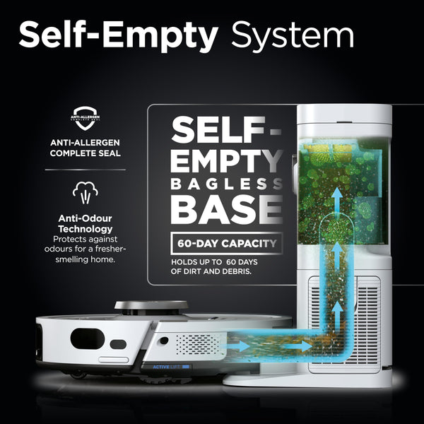 Shark PowerDetect Robot Vacuum with 60-Day Self-emptying Base - Anti-odour - For Carpets, Hard Floors and Pet Hair - 3D LiDAR Navigation - Wi-Fi / App - Odour Cartridge and 2 Brushes Incl. - Black