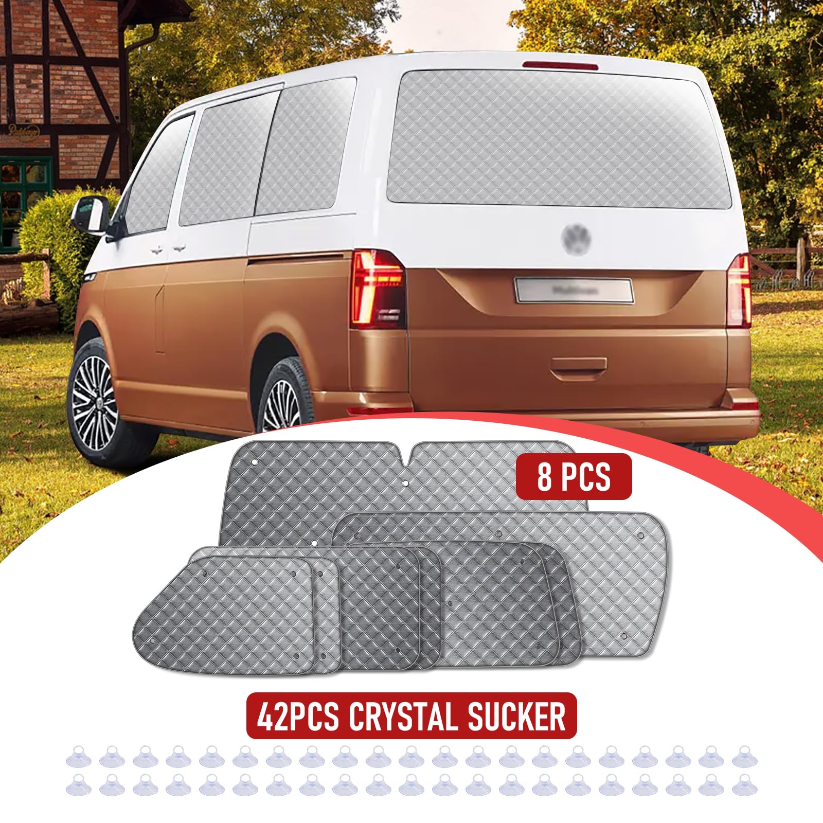 MaxAwe 8Pcs Internal Thermal Blind Set Fits for VW T5/T6 LWB, Luxury Sunshade Wrap Cover Kit, Window Front Screen Cover, Summer Uv Sun Blind & Winter Insulation Cover for VW Campervans & Motorhome