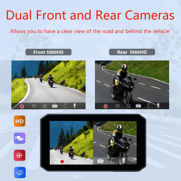 Motorcycle CarPlay Screen with 1080P Front and Rear Dash Cam,5.5" Wireless CarPlay & Android Auto GPS Navigation Touchscreen for Motorbike with BSD Radar Monitor,TPMS,IP67 Waterproof,Siri/Google