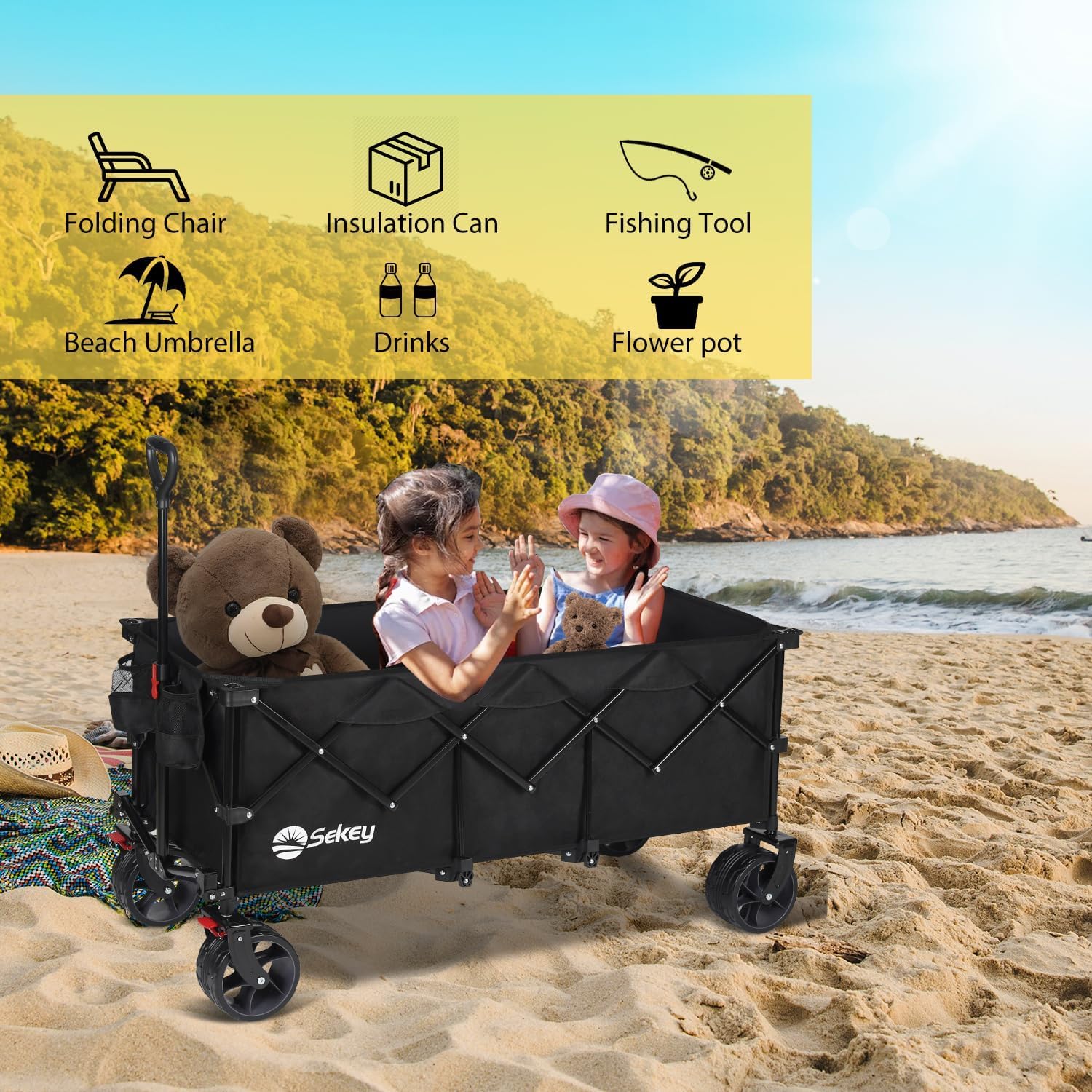 Sekey 200L Folding Festival Trolley with All-Terrain Extra Wide Wheels and Brake, Heavy-Duty Cart Loadable up to 150KG, Patented Four-Directional Foldable Design, Wagon for Beach Camping Outdoor, Grey