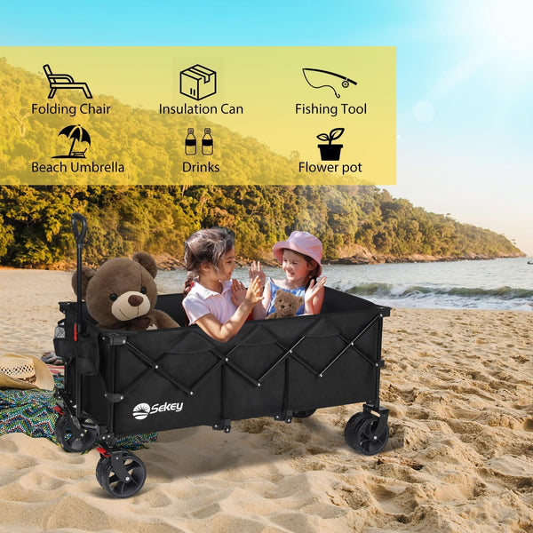 Sekey 200L Folding Festival Trolley with All-Terrain Extra Wide Wheels and Brake, Heavy-Duty Cart Loadable up to 150KG, Patented Four-Directional Foldable Design, Wagon for Beach Camping Outdoor, Grey