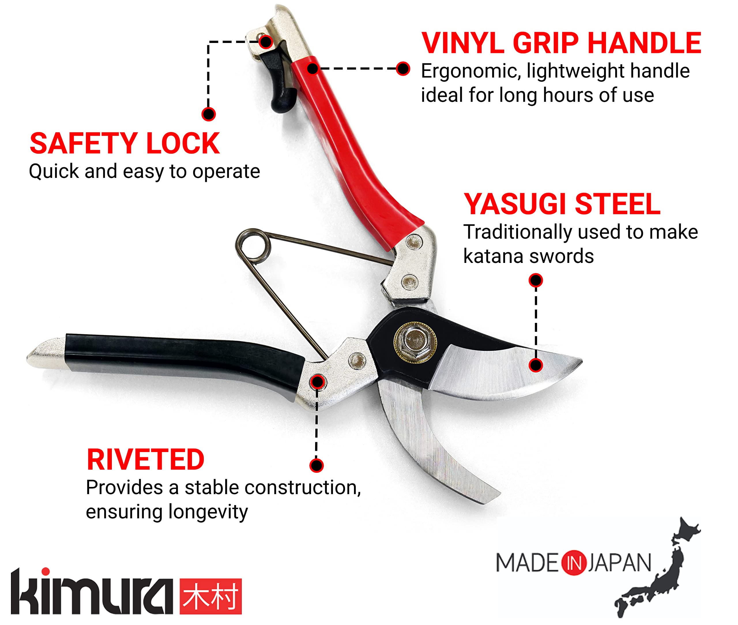 Kimura? 8" Samurai Garden Secateurs, [Made in Japan], Heavy Duty Premium Japanese Yasugi Steel Blades, Non-Slip Vinyl Coated Handles, Lightweight &