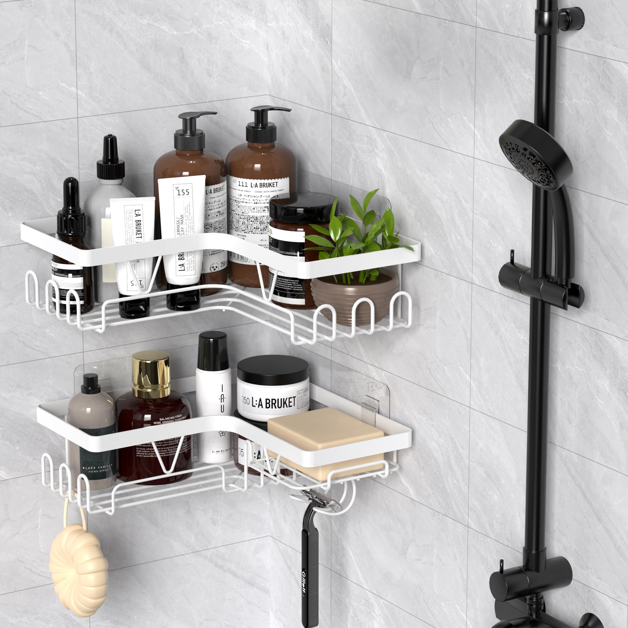 Kegii Telescopic Shower Caddy Corner - Stainless Steel Shower Shelf No Drilling Bathroom Caddy with Soap Holder and Hooks(White), On The Bath or Stand Up Shower