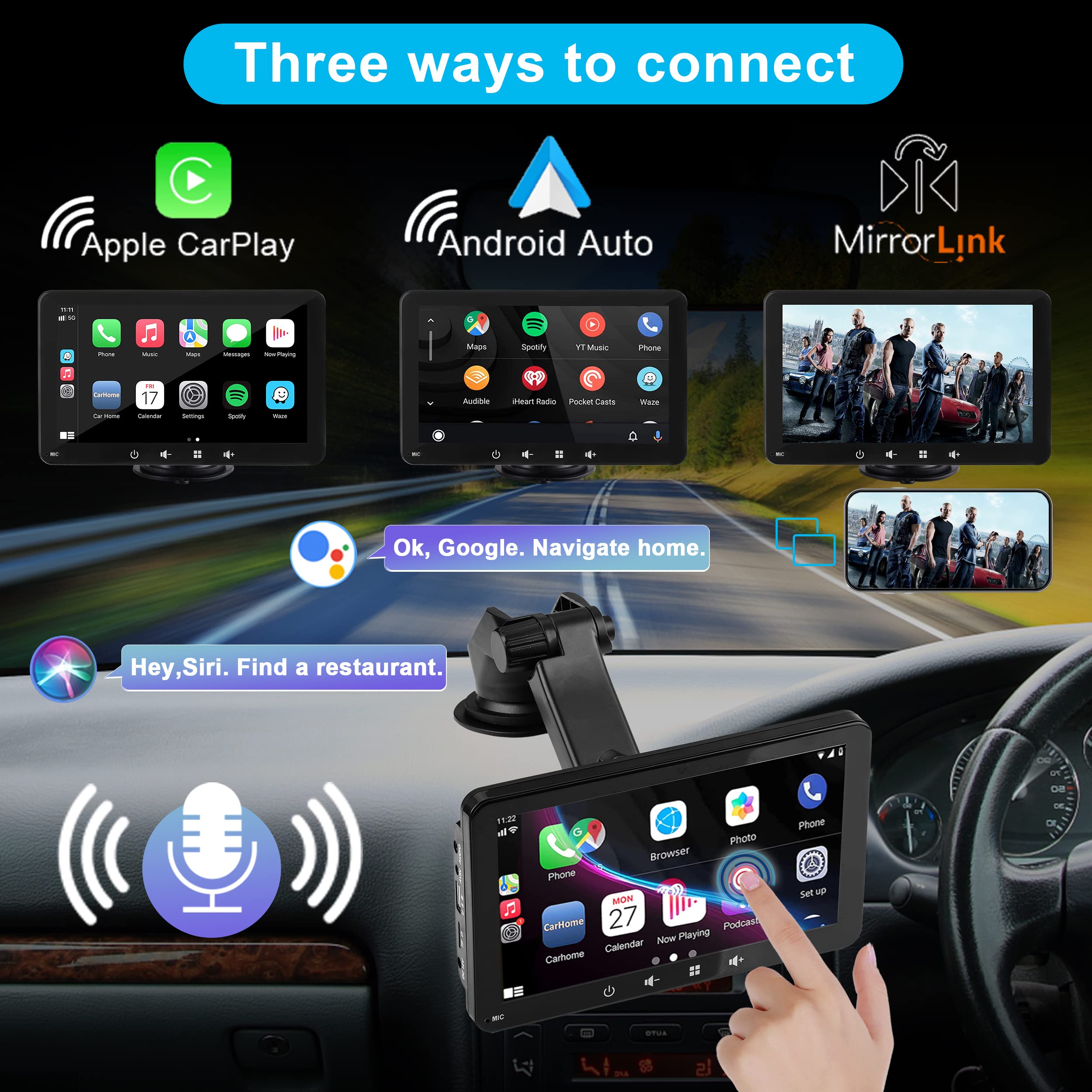 Portable Car Stereo,for Wireless Apple Carplay & Android Auto,7 Inch 1080P HD Touch Screen Radio with BT 5.0, Mirror Link Support Truck RV Dash Mount (7 inch)