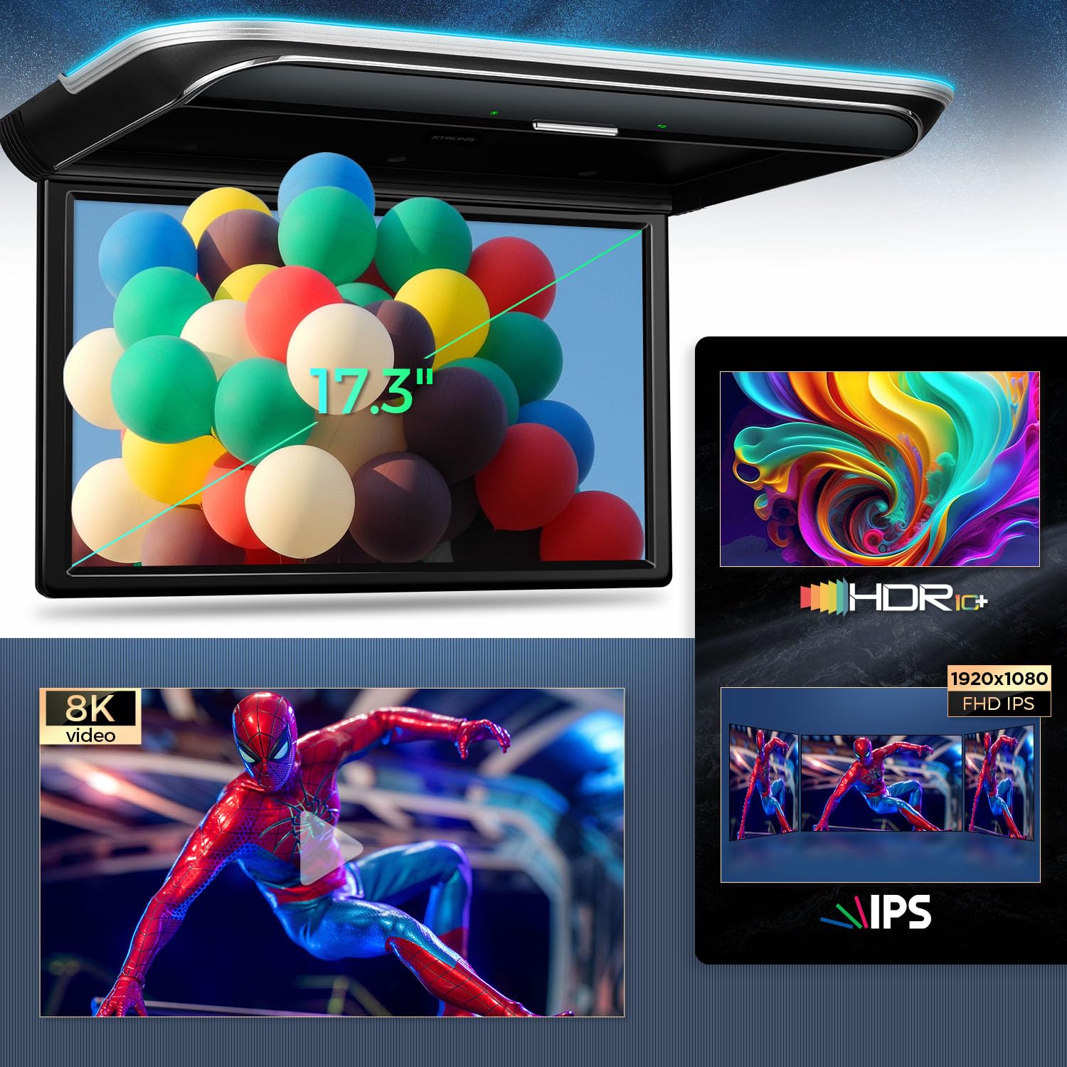 XTRONS 17.3-inch FHD Android 9.0 Car Overhead Flip Down Mount Monitor 8K 1080P IPS Screen Octa-core Car Roof Multimedia Player Car Video With Superior Sound and Screen Mirroring Support HDMI/USB/AV/IR