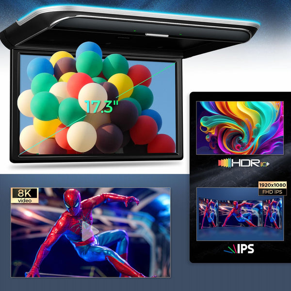 XTRONS 17.3-inch FHD Android 9.0 Car Overhead Flip Down Mount Monitor 8K 1080P IPS Screen Octa-core Car Roof Multimedia Player Car Video With Superior Sound and Screen Mirroring Support HDMI/USB/AV/IR