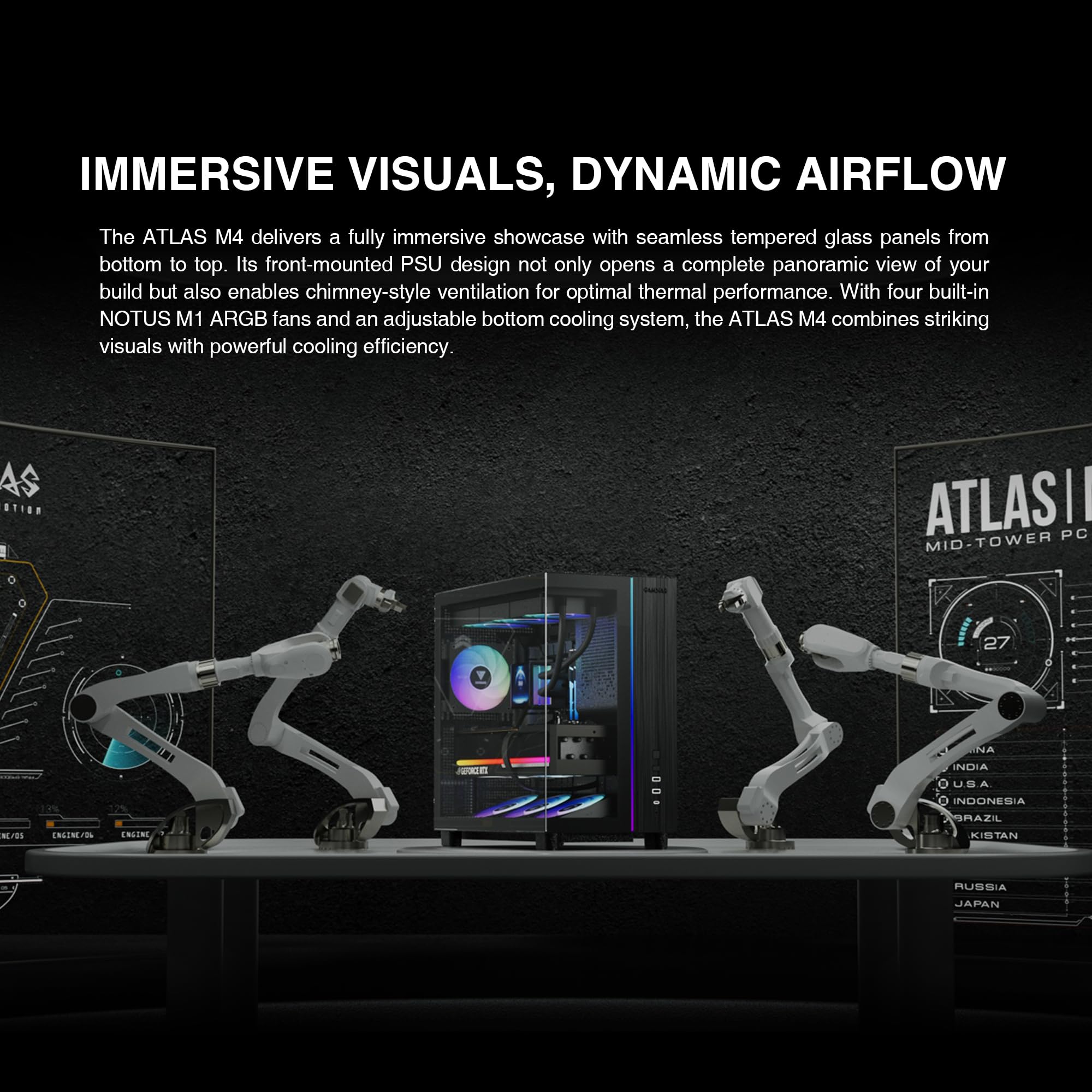 GAMDIAS PC Case, ATX Gaming Mid Tower, No-Hub, Real-time Monitor, Seamless Tempered Glass, Pre-install 3 x 120 mm ARGB PWM Fans, Side Vents Perforated, Black