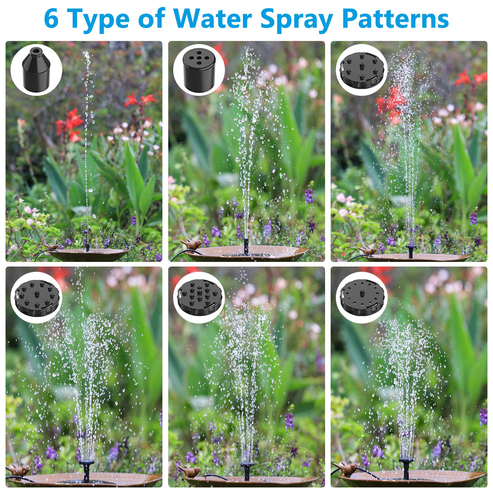 6.5W Solar Water Fountain, Built-in 1500 mAh Battery, Upgraded Solar Pond Pump, Water Pump, Solar Floating Fountain Pump with 6 Fountain Styles for Garden, Bird Bath, Pond and Fish Container