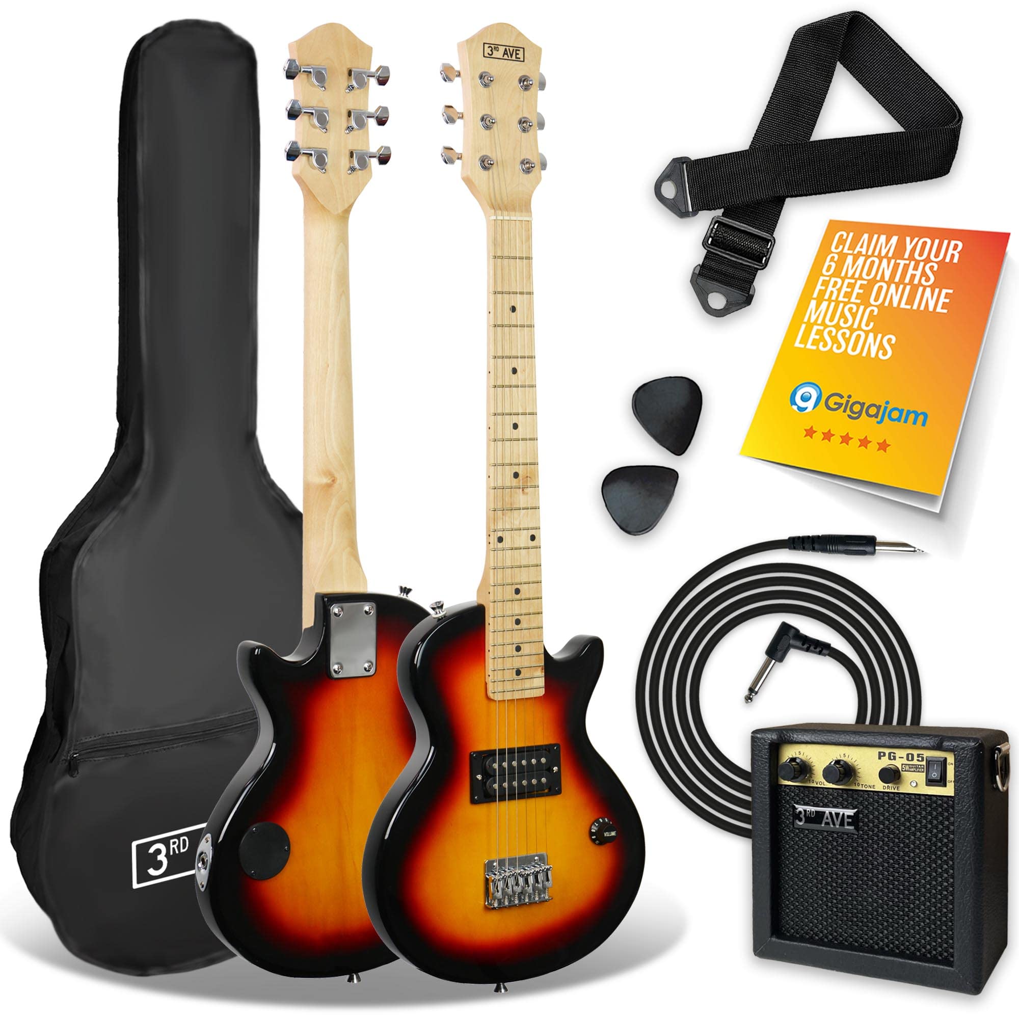 3rd Avenue 1/4 Size Kids Electric Guitar Pack for Junior Beginners - 6 Months FREE Lessons, 5W Portable Amp, Cable, Bag, Picks and Strap - Red