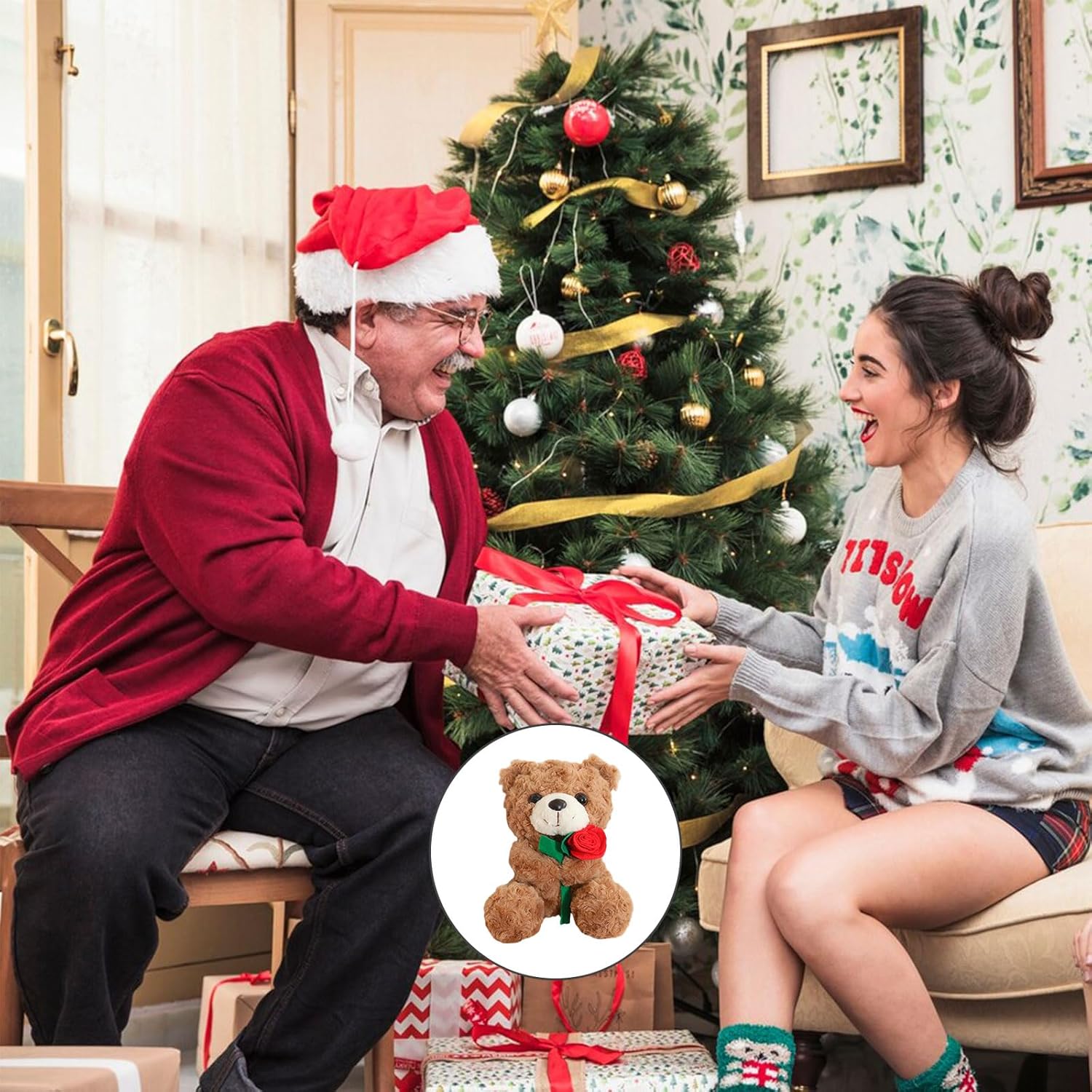 Christmas Teddy Bear Plush Toy, 25cm Cuddly Christmas Cute Soft Plush Toy With Rose,Christmas Stuffed Pillow Doll, Xmas Stuffed Animals Gifts for Kids Girlfriends Boyfrieds