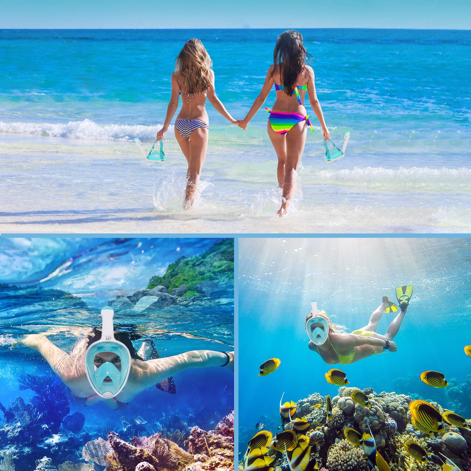 Jsdoin Snorkel Mask Full Face,180°view Design - Anti-fog, Anti-leak Technology - Sports Camera Compatible - for a Safe Adults and Kids Snorkeling Experience