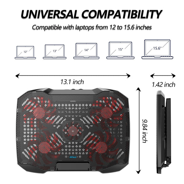 AIMIUZI Laptop Cooling Pad, Laptop Cooler for 12-15.6 Inch Notebooks, Laptop Cooling Stand with 5 Quiet Fans, 5 Height Adjustable, 2 USB Ports, Phone Stand (Black)