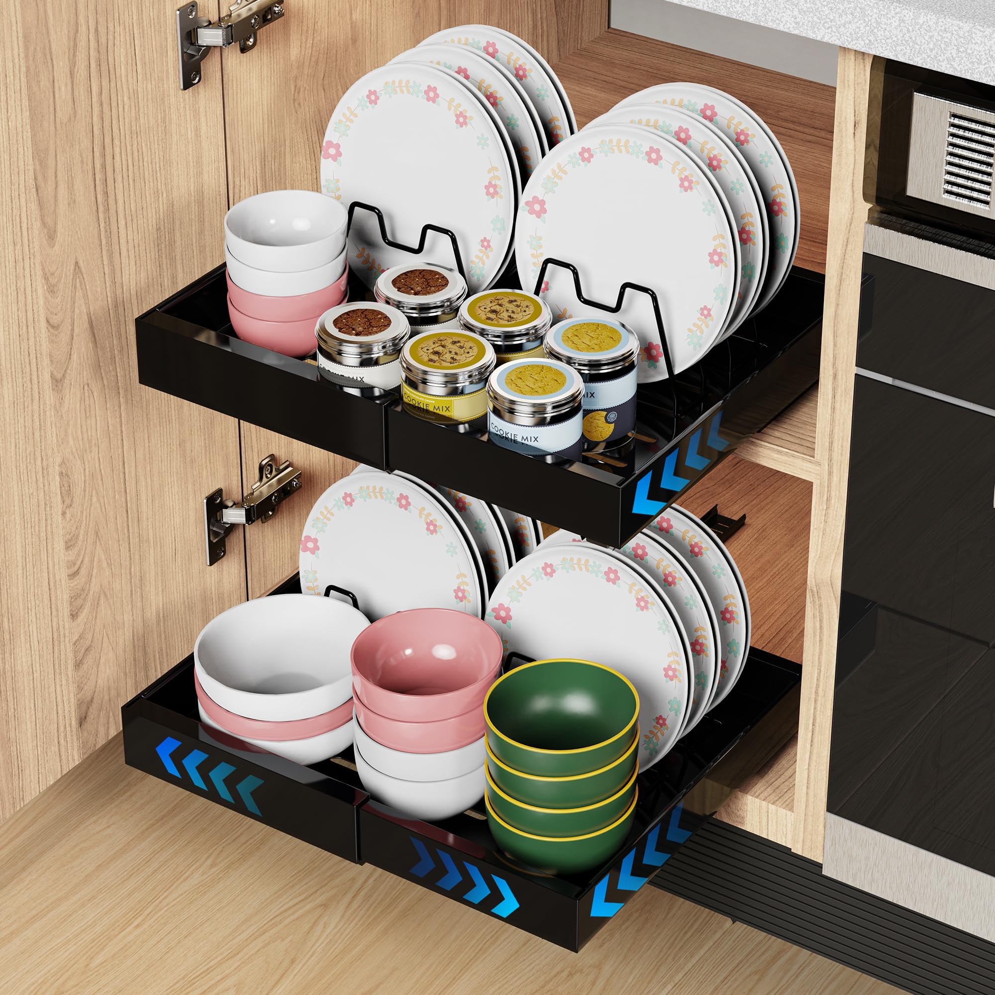 iHomara 2 Pack Expandable Pull Out Cabinet Organizer, Slide Out Drawers for Kitchen Cabinets, Pull 0ut Kitchen Storage 53cm deep with 8 crockery