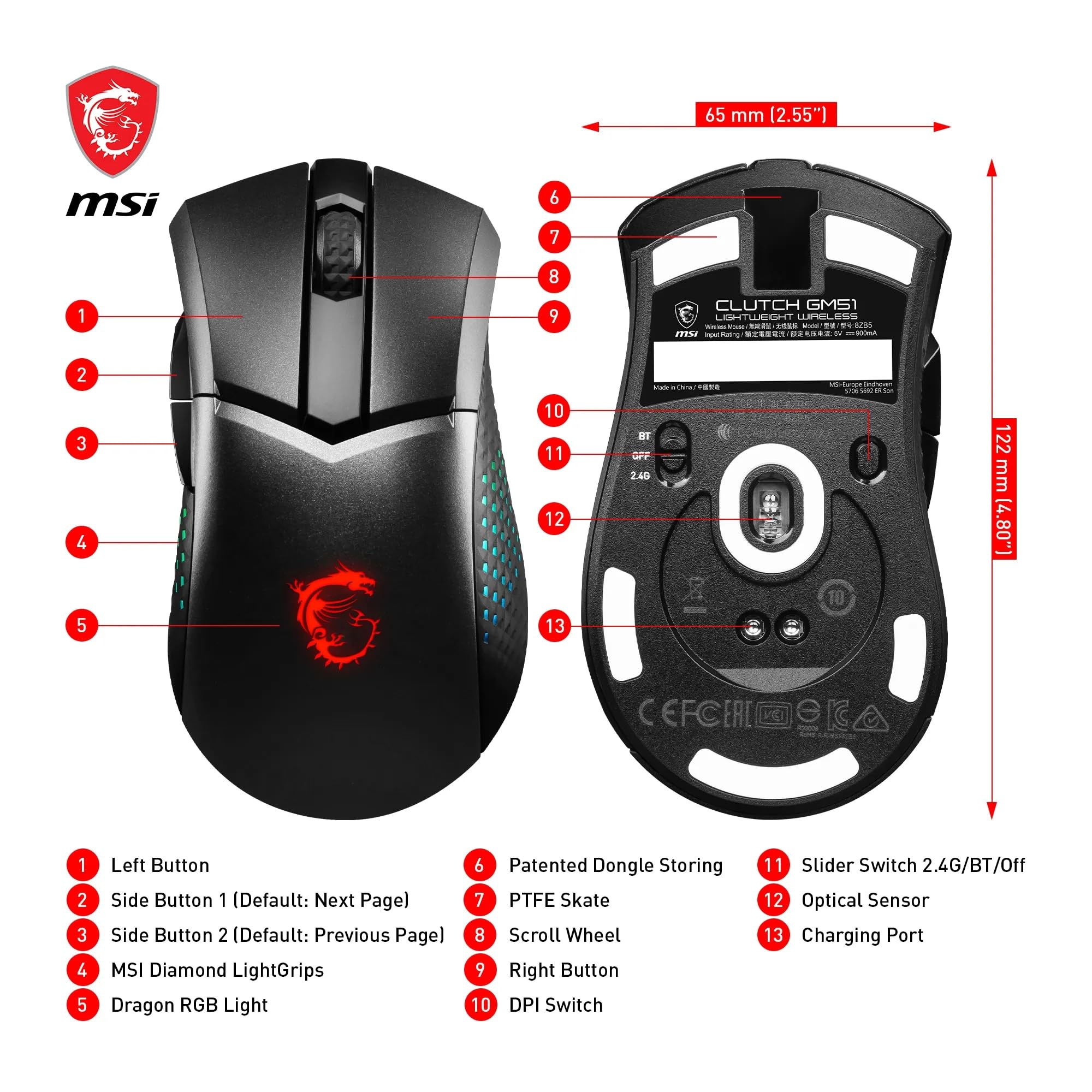 MSI CLUTCH GM51 LIGHTWEIGHT Gaming Mouse - 26000 DPI Optical Sensor, Elite 0.125ms Latency, 60M+ Click OMRON Switches, 6-Buttons, FriXionFree Cable, RGB Diamond LightGrips, 75g - Wired