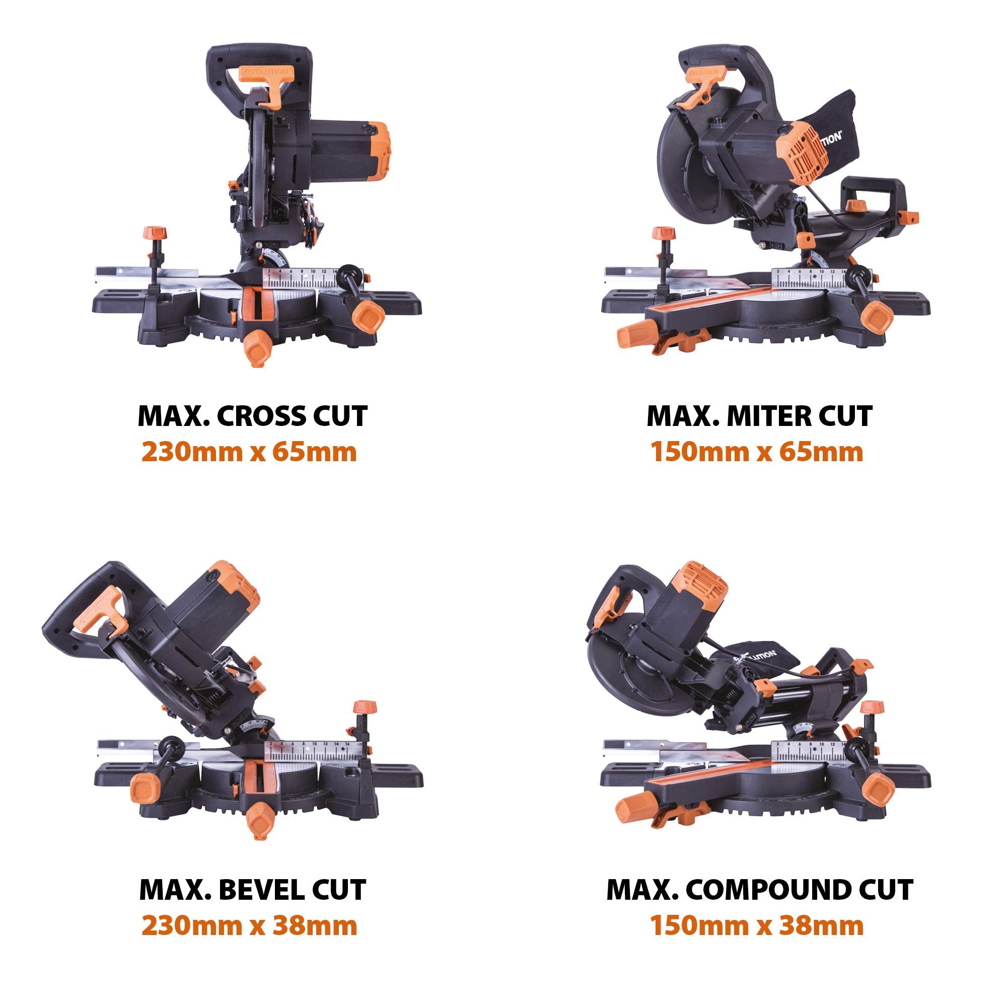 Evolution Power Tools R210SMS+ Sliding Mitre Saw With Multi-Material Cutting, Cuts Wood, Metal, Plastic & More, 45° Bevel, 50° Mitre, 230mm Slide, 1500 W (230 V)