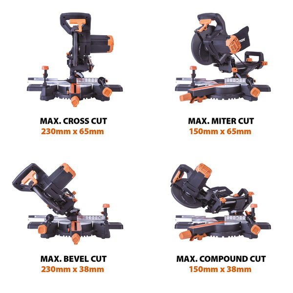 Evolution Power Tools R210SMS+ Sliding Mitre Saw With Multi-Material Cutting, Cuts Wood, Metal, Plastic & More, 45° Bevel, 50° Mitre, 230mm Slide, 1500 W (230 V)