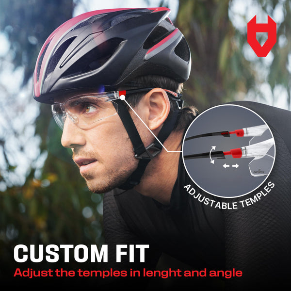 NoCry Clear Safety Glasses for Work with Anti Fog Scratch Resistant Wrap-Around Lenses and Non-Slip Grips, UV Protection. Adjustable Eye Protection Cycling and Squash Glasses with Black & Green Frames