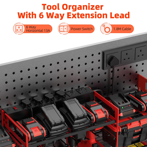 Power Tool Organizer with 6 Way Extension Lead,Large Tools Charging Station,8 Power Drill Tools Heavy Duty Drill Holder Wall Mounted Rack Utility Metal Tool Shelf Storage Organiser for Garage