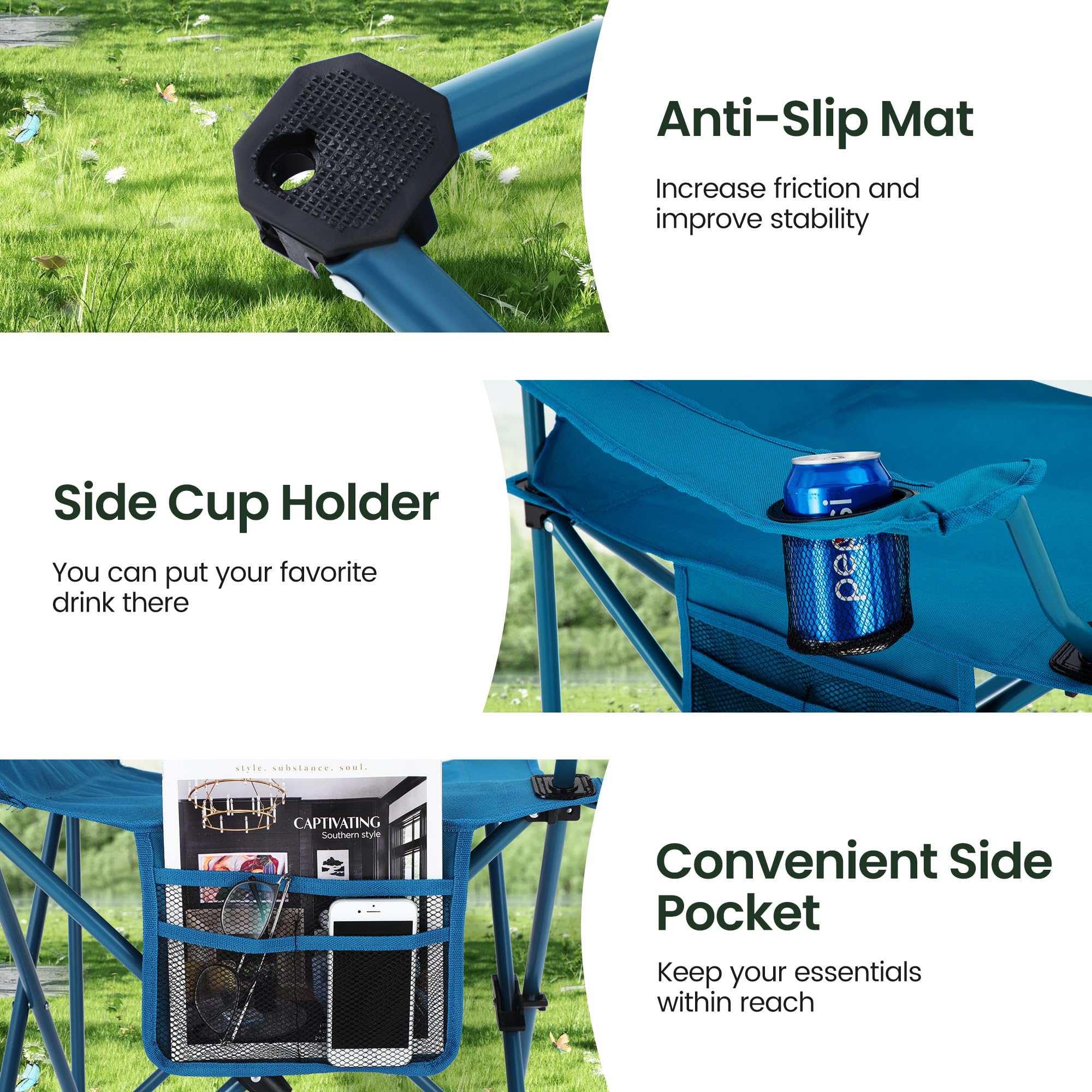 ALPHA CAMP Set of 2 Folding Camping Chairs with Cooler Bag & Cup Holder & Side Pocket Up to 120kg, Lightweight and Portable Camping Chair for Adults, Black