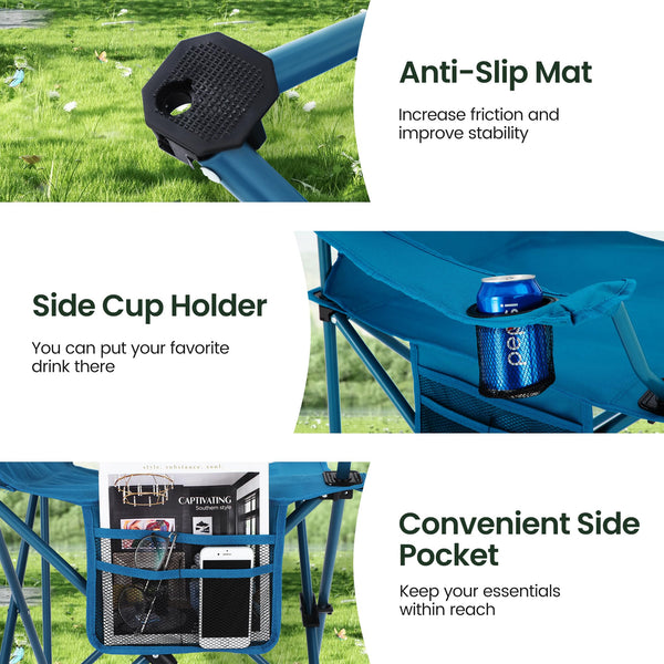 ALPHA CAMP Set of 2 Folding Camping Chairs with Cooler Bag & Cup Holder & Side Pocket Up to 120kg, Lightweight and Portable Camping Chair for Adults, Black