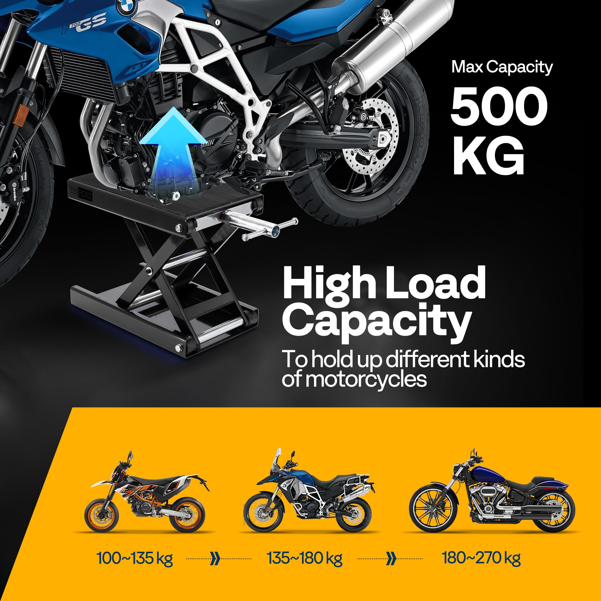 VIVOHOME Motorcycle Scissor Lift Jack Height Adjustable Heavy Duty Steel with Anti Slip Wide Deck Hoist Crank Center Stand 500KG Capacity for Motorcycles, ATVs, Dirt Bikes