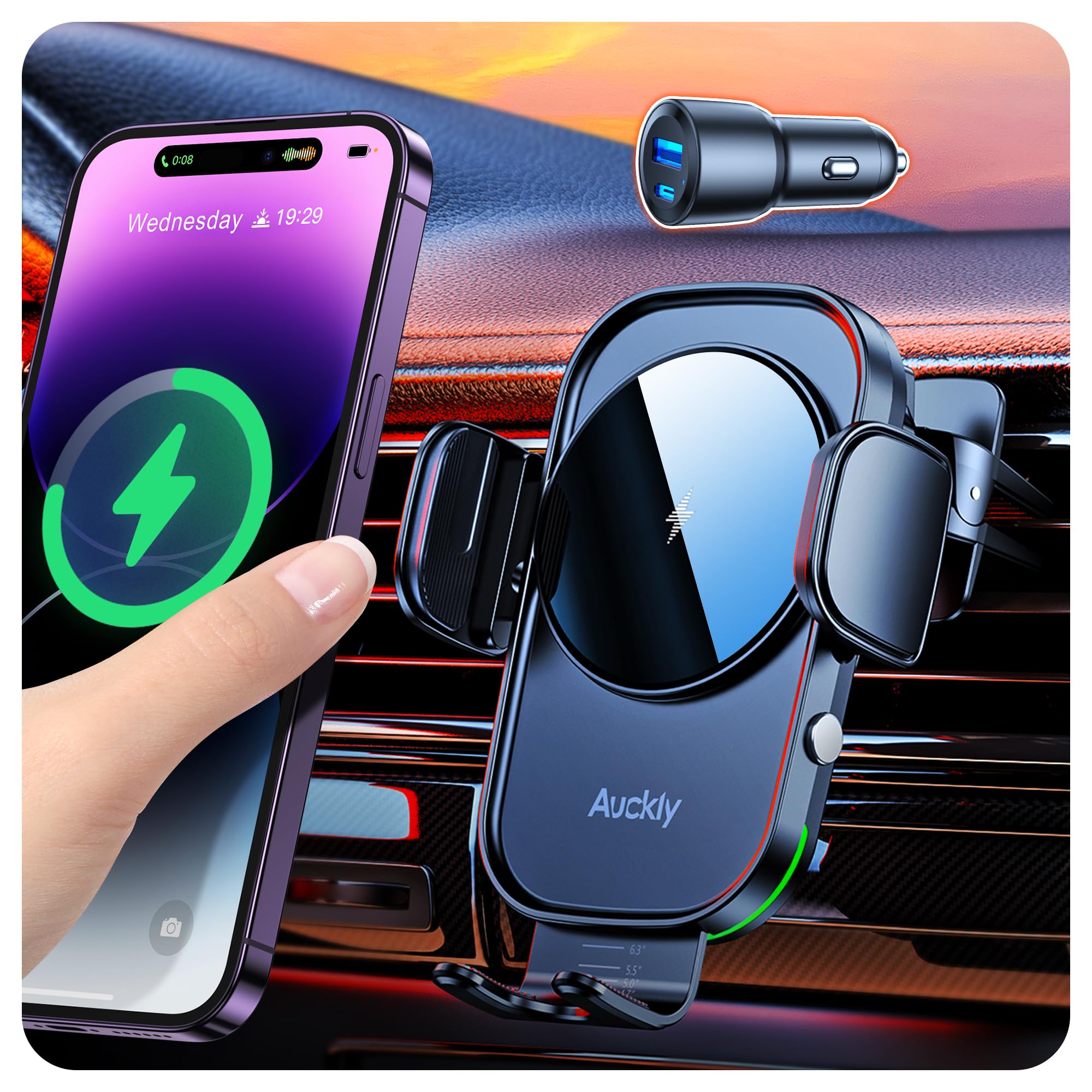 Auckly Qi 15W Car Phone Holder Wireless Charger, [270 ° Automatic Clamping], Wireless Car Charger Mount, Air Vent, for iPhone 11 12 13 14 15 16 Series & Samsung, Electromagnetic Induction, Black