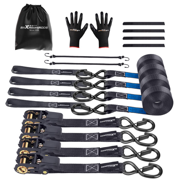 maXpeedingrods 4x 997kg Tie Down Straps 15ft (4.5m), Ratchet Straps 2200lb, Lashing Straps 25mm, Straps with safety clip S-hooks, motorcycle tie down straps, EN 12195-2 - Blue