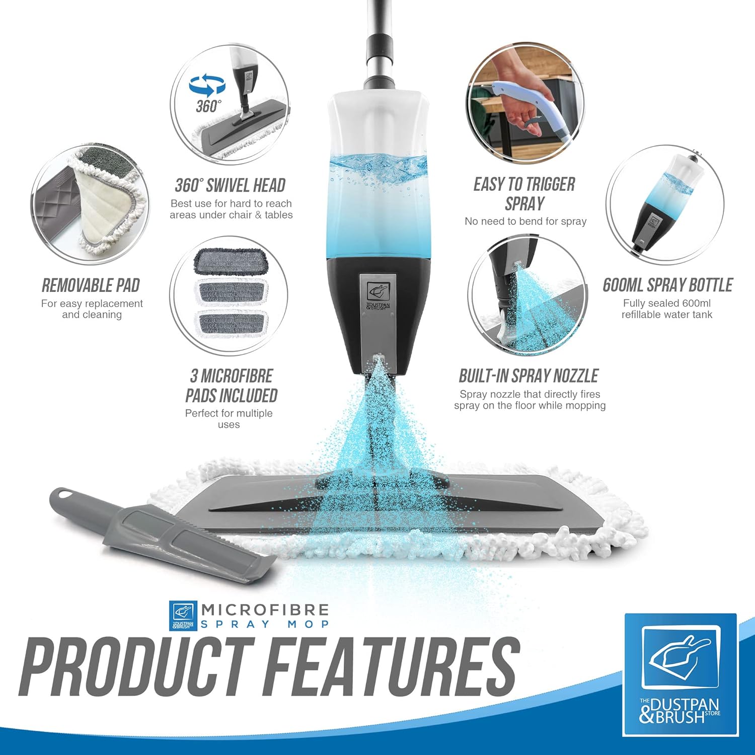 Microfibre Floor Spray Mop Dry Wet Mop Kitchen Floor Cleaning 360° Swivel Head Suitable for Cleaning Tile Laminate Hardwood Ceramic with 3 Replacement Pads, 600ML Refillable Bottle & 1 Scraper