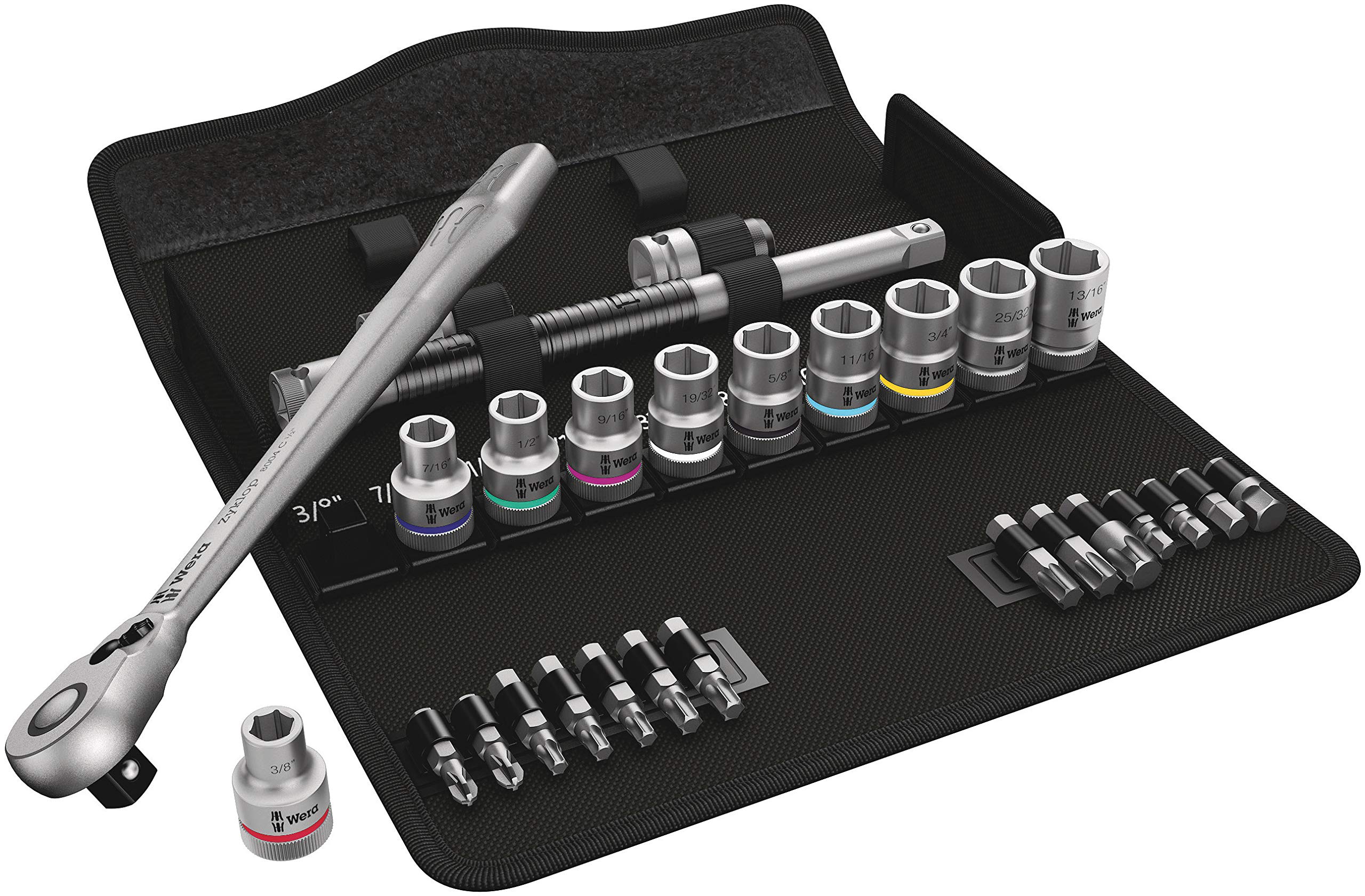 Wera 05004051001 8100 SB 11 Zyklop Metal Ratchet Set with switch lever, 3/8" drive, imperial, 29 pieces, Silver