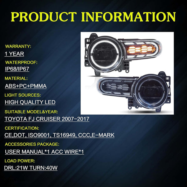 VLAND LED Headlights Compatible with 2007-2017 Toyota FJ Cruiser, Front Light with Startup Animation, Headlamp with Sequential Turn Signal