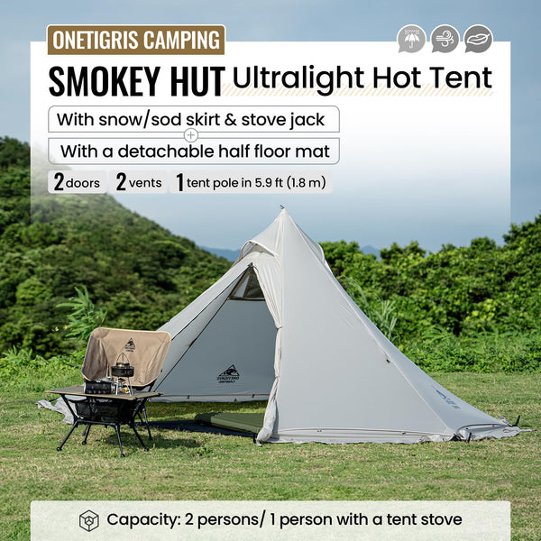 OneTigris Smokey HUT Hot Tent with Stove Jack, Ultralight 4 Season Tipi Tent with Snow Skirt & Detachable Floor for Camping, Hiking, Bushcraft, Backpacking
