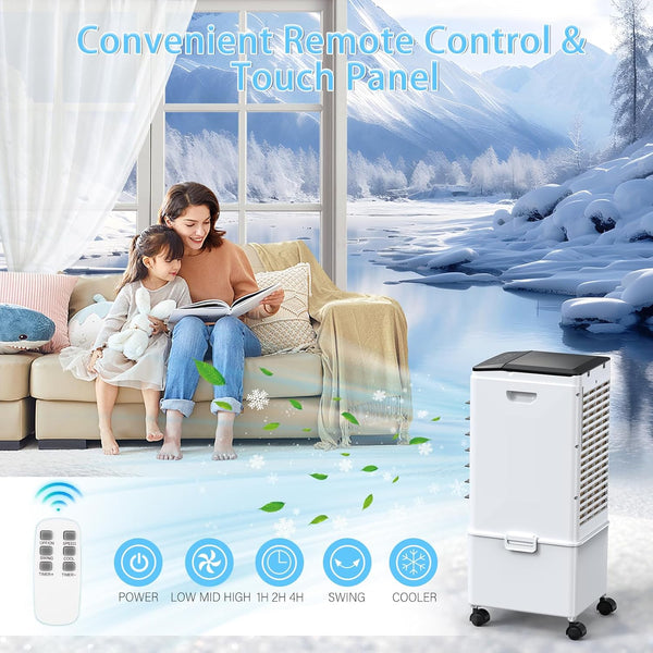 Bidiowe Mobile Air Conditioners, 9.5L AC Unit Tank 60W Evaporative Air Cooler Automatic Light Off 60°/120° Oscillation 3 Modes 7H Timer Remote Control 3 Ice Box Quiet Cooling Fan for Home, Office