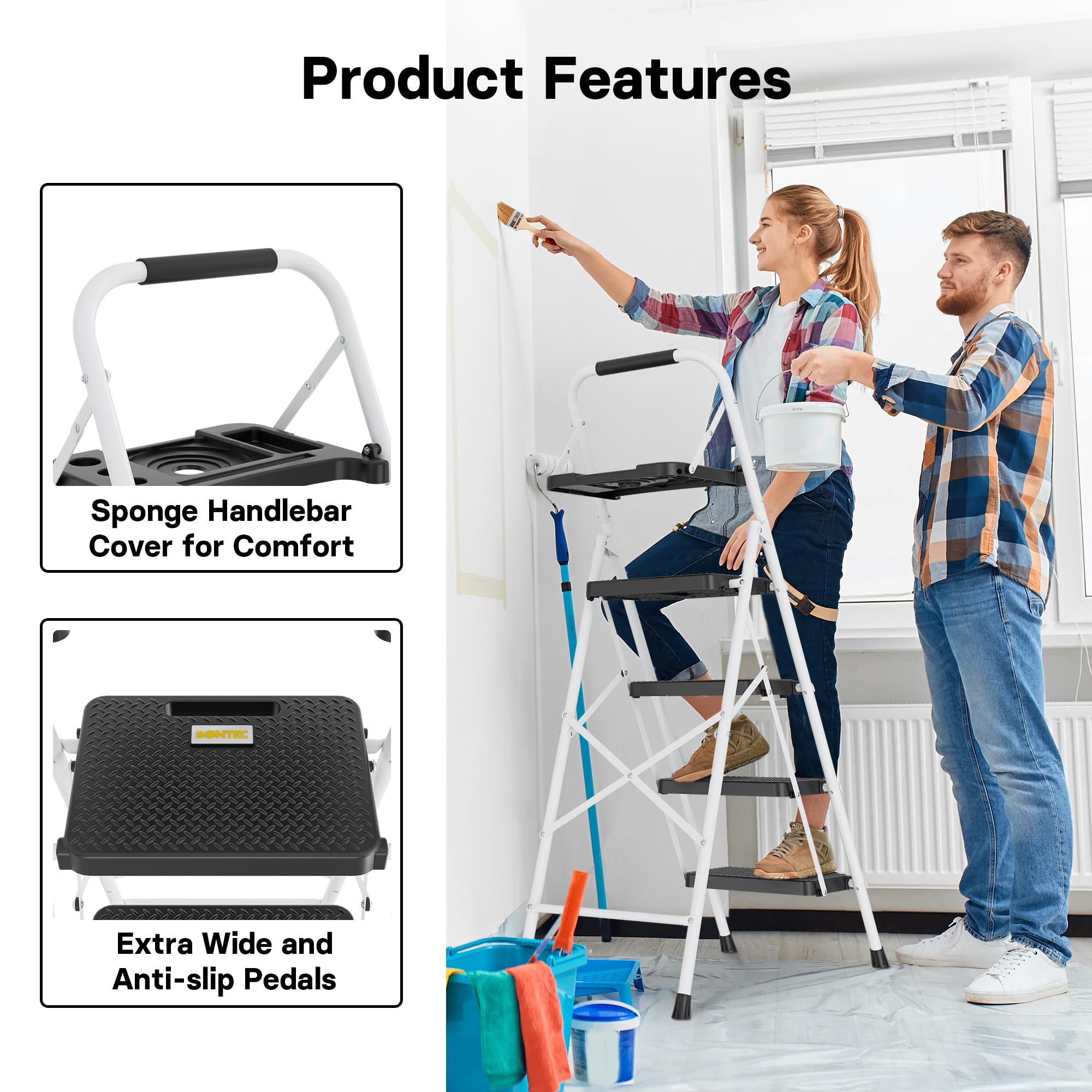 BONTEC 2 Step Ladder, Capacity 150KG with Wide Anti-Slip Pedals, Folding Steel Step Stool, Sponge Handlebar, Lightweight Portable Ladder Suitable for Home, Kitchen, Pantry, Indoor/Outdoor Use, Black