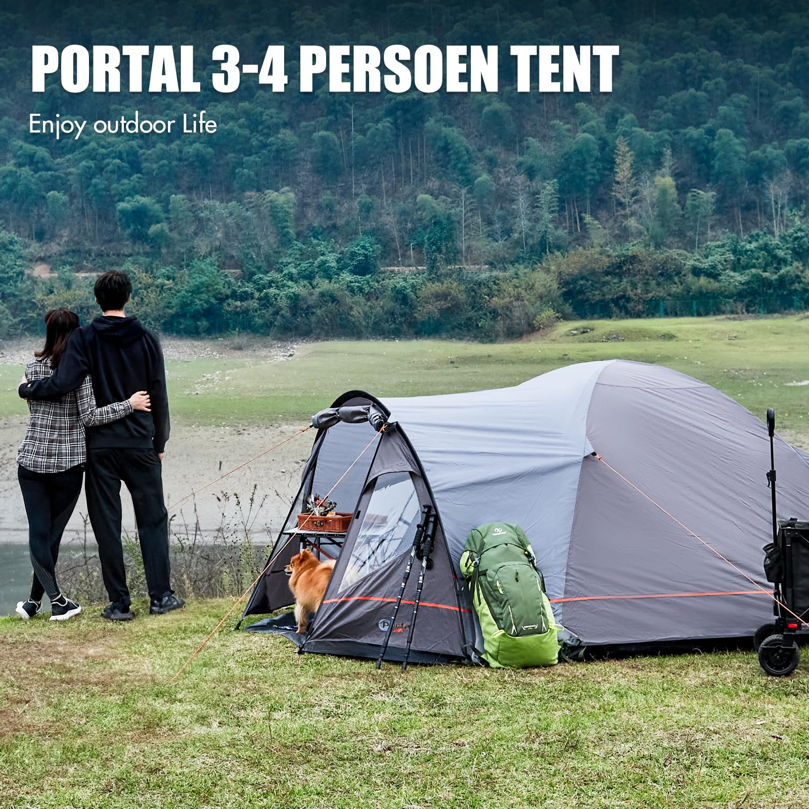 Portal 3-4 Man Tent with Porch, Camping Tent for 3 to 4 Persons with Sewn-in Groundsheet, 4000mm Waterproof Family Tent with Bedroom, Lightweight Dome Tent for Outdoor Garden Backpacking Hiking