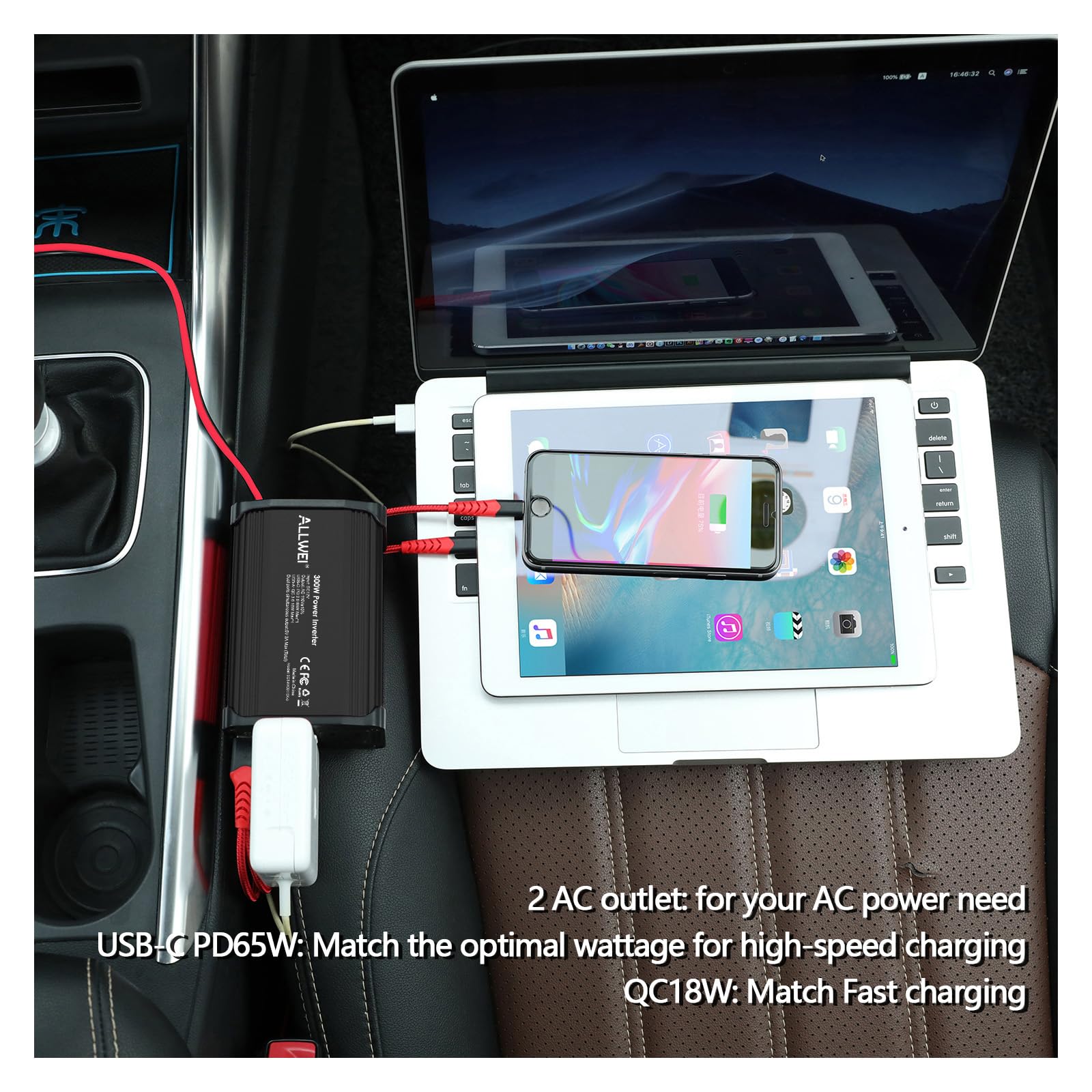 ALLWEI 300W Car Power Inverter with 27W USB-C and 3.0 USB Port - DC 12V to 240V / 230V AC Power inverters for Vehicles Converter Fast Charging Ports Car Charger Adapter (Red)