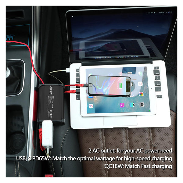 ALLWEI 300W Car Power Inverter with 27W USB-C and 3.0 USB Port - DC 12V to 240V / 230V AC Power inverters for Vehicles Converter Fast Charging Ports Car Charger Adapter (Red)