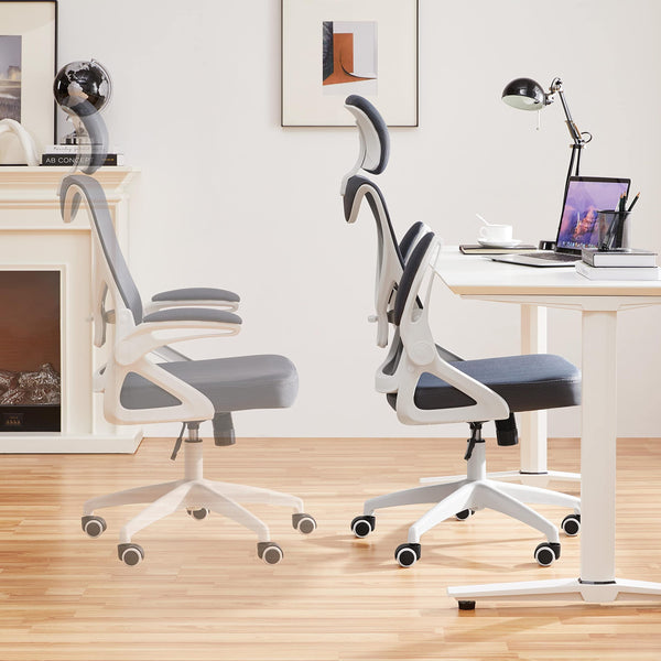 Yaheetech High Back Home Office Chair Ergonomic Swivel Desk Chair with Arms and Height Adjustable Back Support for Home Study or Manager Work White/Pink