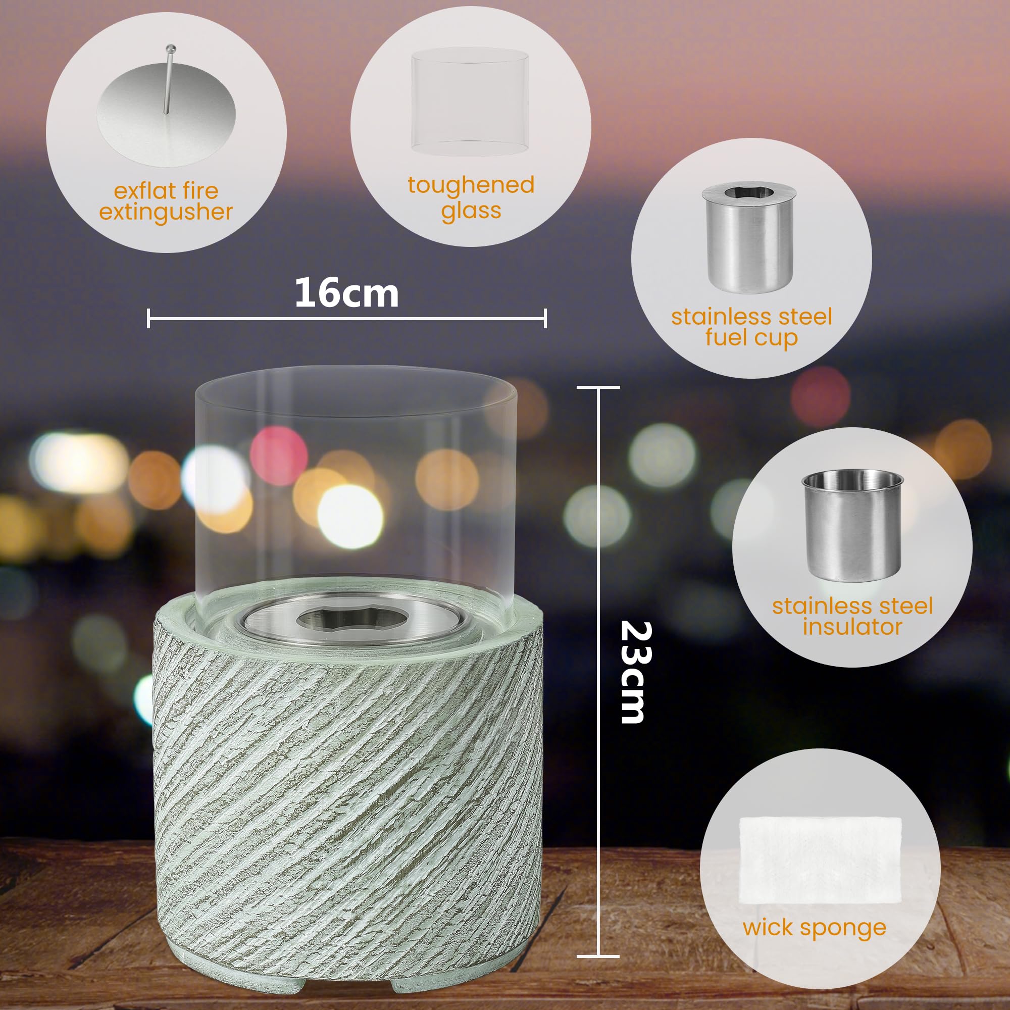 VOSSMOON Tabletop Fire Pit, Bioethanol Table Top Fire Bowl, Portable Round Fireplace indoor or Outdoor, Concrete Table Top Patio Heater Ethanol Burner with Tempered Glass for Potluck or Camping, Black