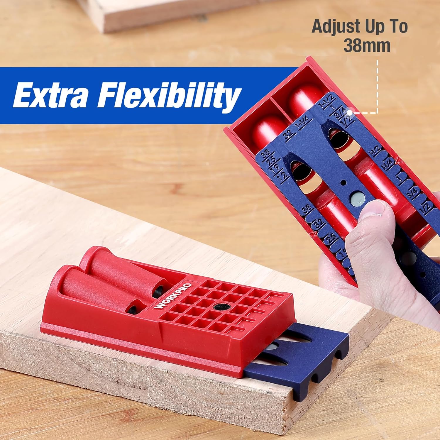 WORKPRO - Complete Pocket Hole Drilling Jig Kit - 125 Pieces - Jig Kit with 100 Self Tapping Screws and 20 Plugs - Woodworking Guide - Woodworking Oblique Hole Positioner