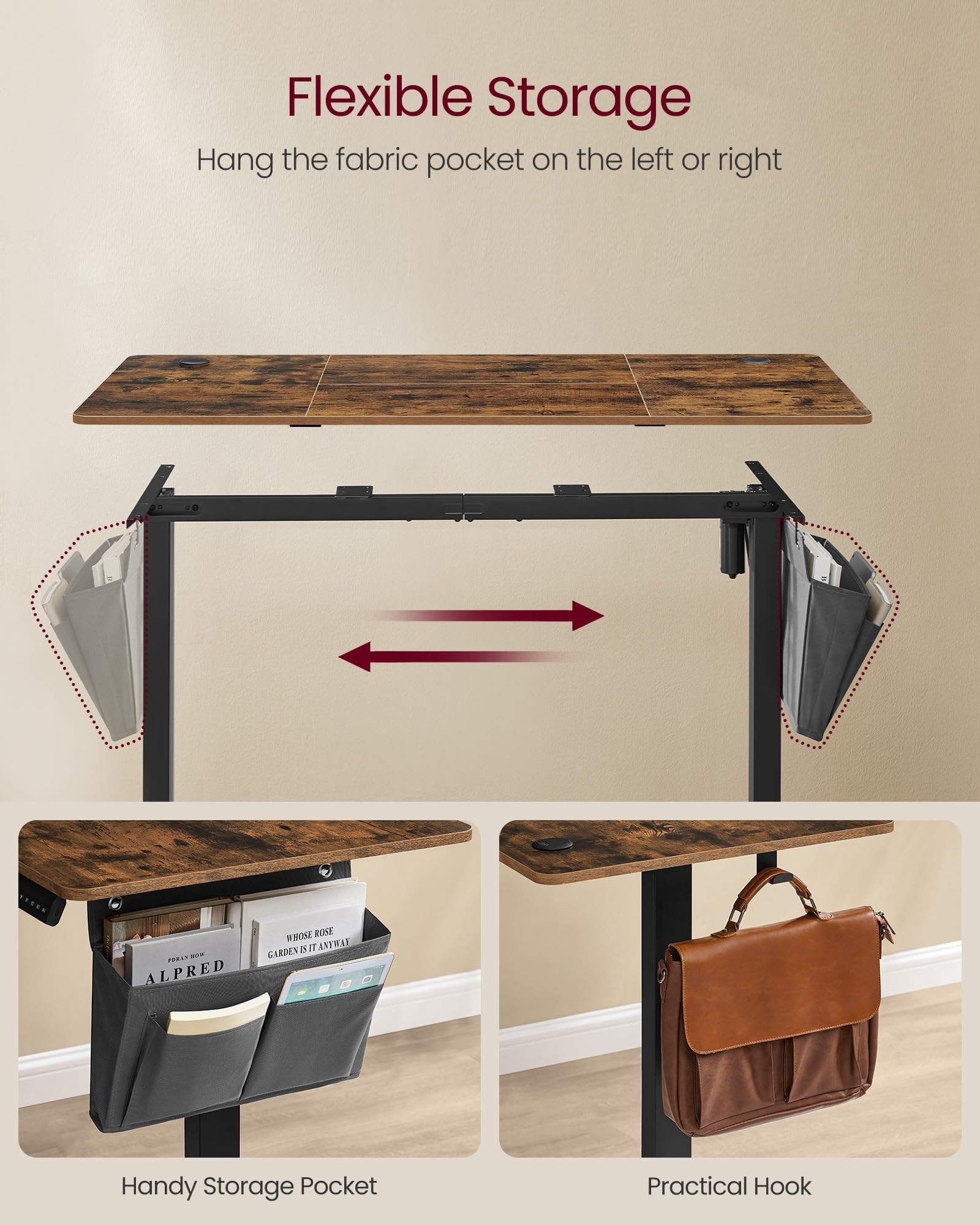VASAGLE Electric Standing Desk, Height Adjustable Desk, 60 x 140 x (72-120) cm, 4 Memory Heights, Storage Pocket, for Home Office, Study, Rustic Brown and Ink Black LSD134K02