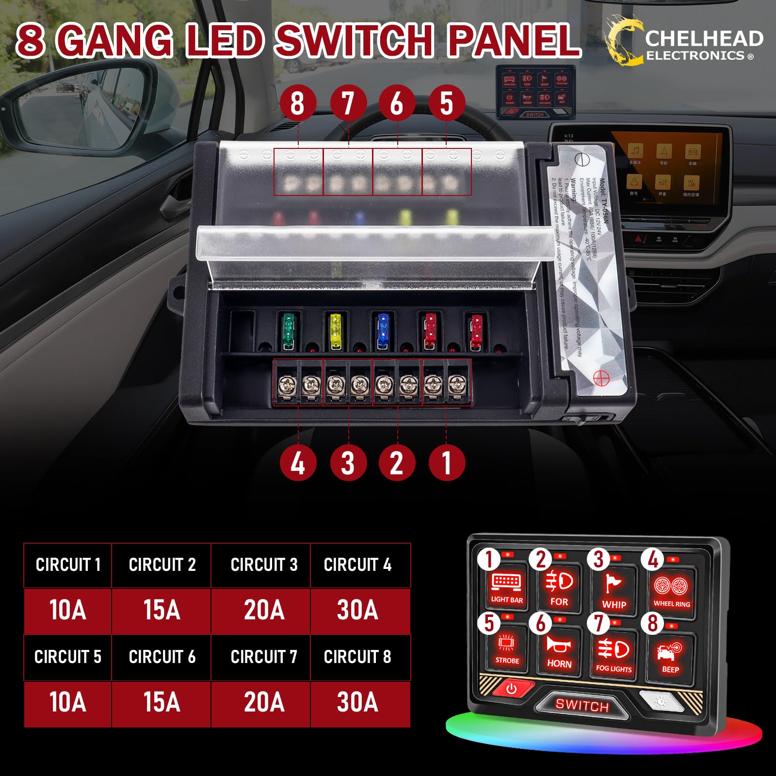 Chelhead 12V/24V Switch Control Panel RGB 6 Gang Dimmable Multi-Function Programmable Switch Panel Acc Battery Control Waterproof, Compatible with Truck Boat SUV RV Trailer Marine ATV UTV