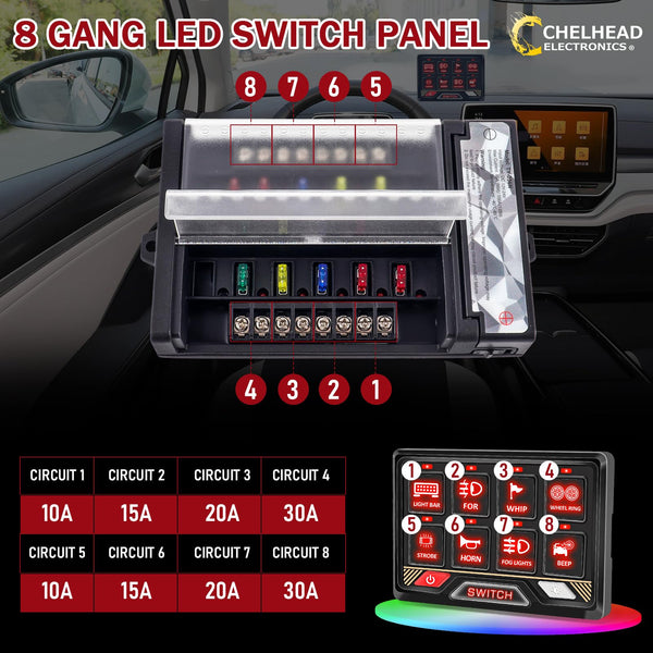 Chelhead 12V/24V Switch Control Panel RGB 6 Gang Dimmable Multi-Function Programmable Switch Panel Acc Battery Control Waterproof, Compatible with Truck Boat SUV RV Trailer Marine ATV UTV