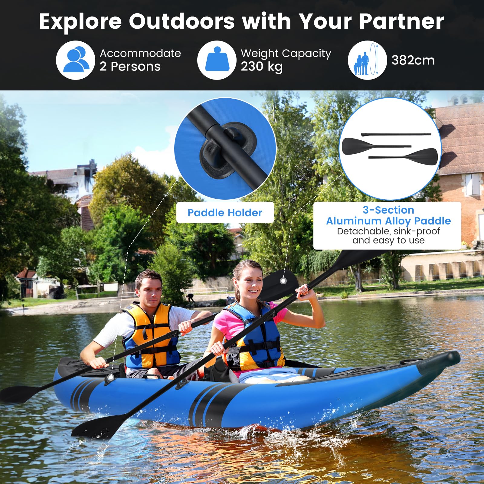 GYMAX Inflatable Kayak Set, 2-Person Inflatable Boat with Aluminum Oars, EVA Padded Seat, Fins, Hand Pump, Repair Kit and Carry Bag, Blow Up Canoe for Lakes, Rivers & Sea Shores