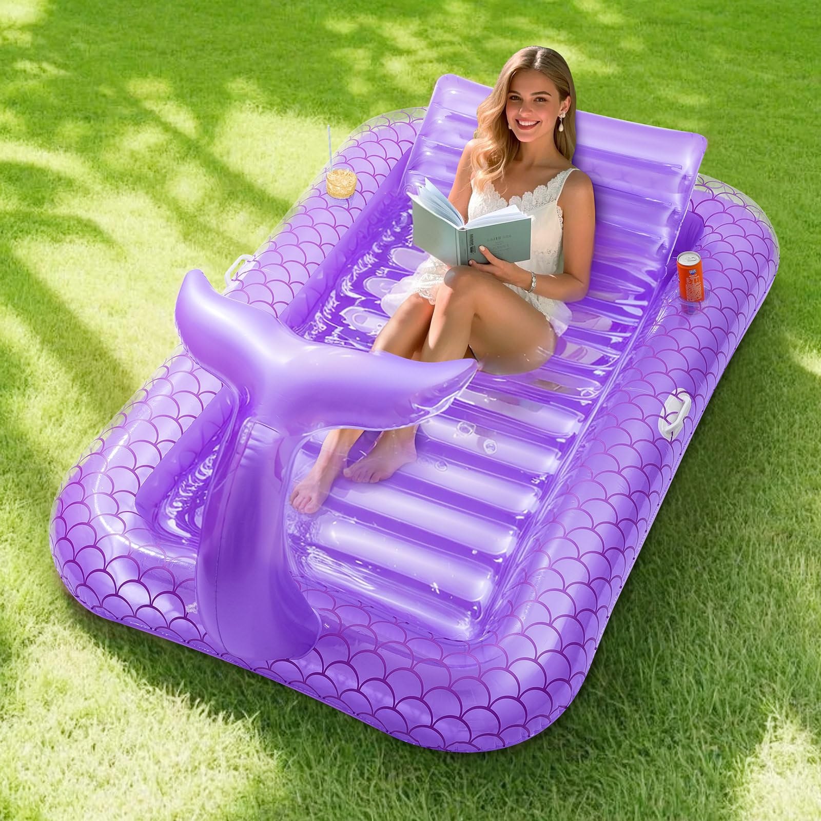 MoKo Pool Floats Adult, Floating Bed with Ice Bar, Tanning Bed Pool Raft Inflatable Lounger with Drink Holder Tanning Chair Inflatable Pool Toys for Party Beach Backyard