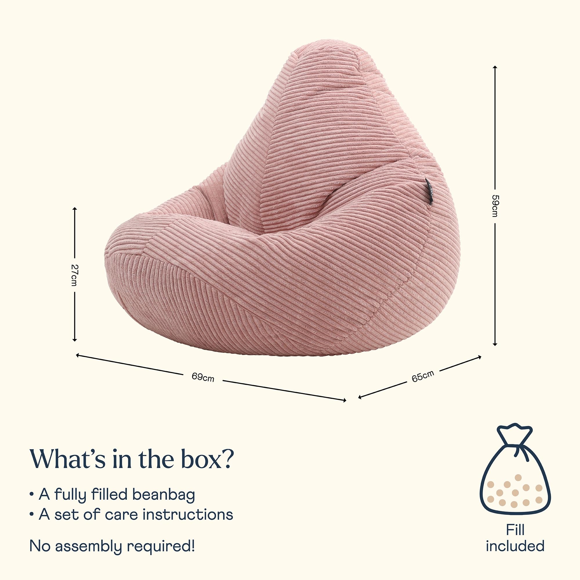 icon Dalton Kids Bean Bag, Dusk Pink, Cord Kids Bean Bag Chair with Filling Included for Girls and Boys, Childrens Chair, Beanbags for Children,
