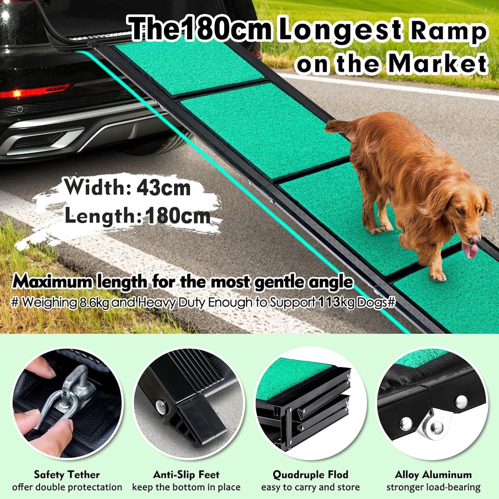 170cm Long Dog Ramp for Cars,43cm Wide Folding Dog Ramp for Large Dogs with High Traction Carpet Surface,Non-slip for Truck,SUV,Portable Pet Ramp Stairs for Medium Large Dog Up to 100kg