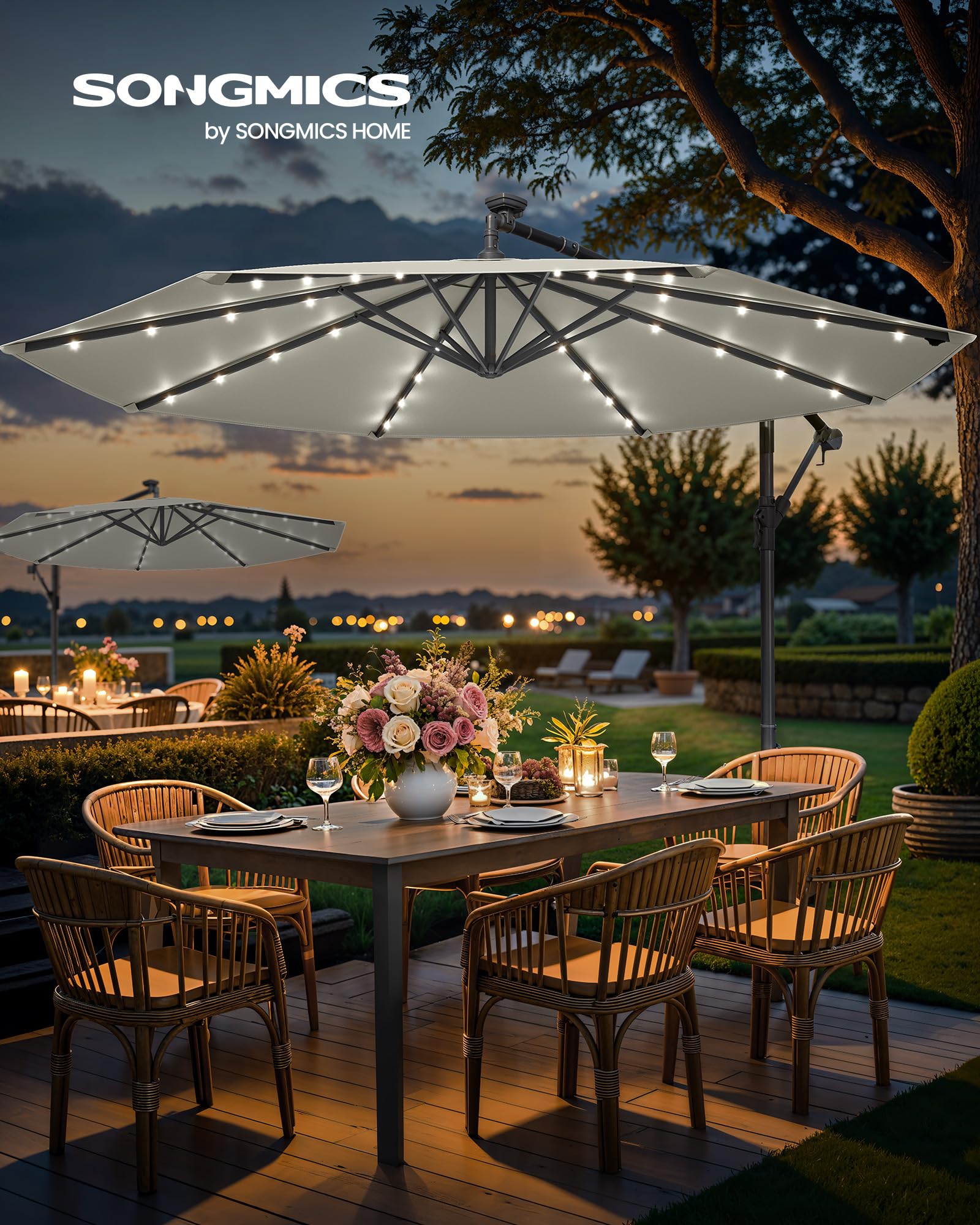 SONGMICS Cantilever Garden Parasol with Solar-Powered LED Lights, 3 m Banana Patio Umbrella with Base, Crank for Opening Closing, Sunshade with Protection UPF 50+, Beige GPU118M01