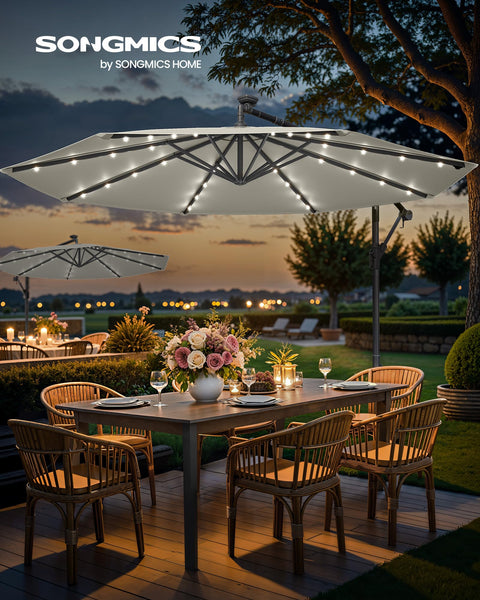 SONGMICS Cantilever Garden Parasol with Solar-Powered LED Lights, 3 m Banana Patio Umbrella with Base, Crank for Opening Closing, Sunshade with Protection UPF 50+, Beige GPU118M01