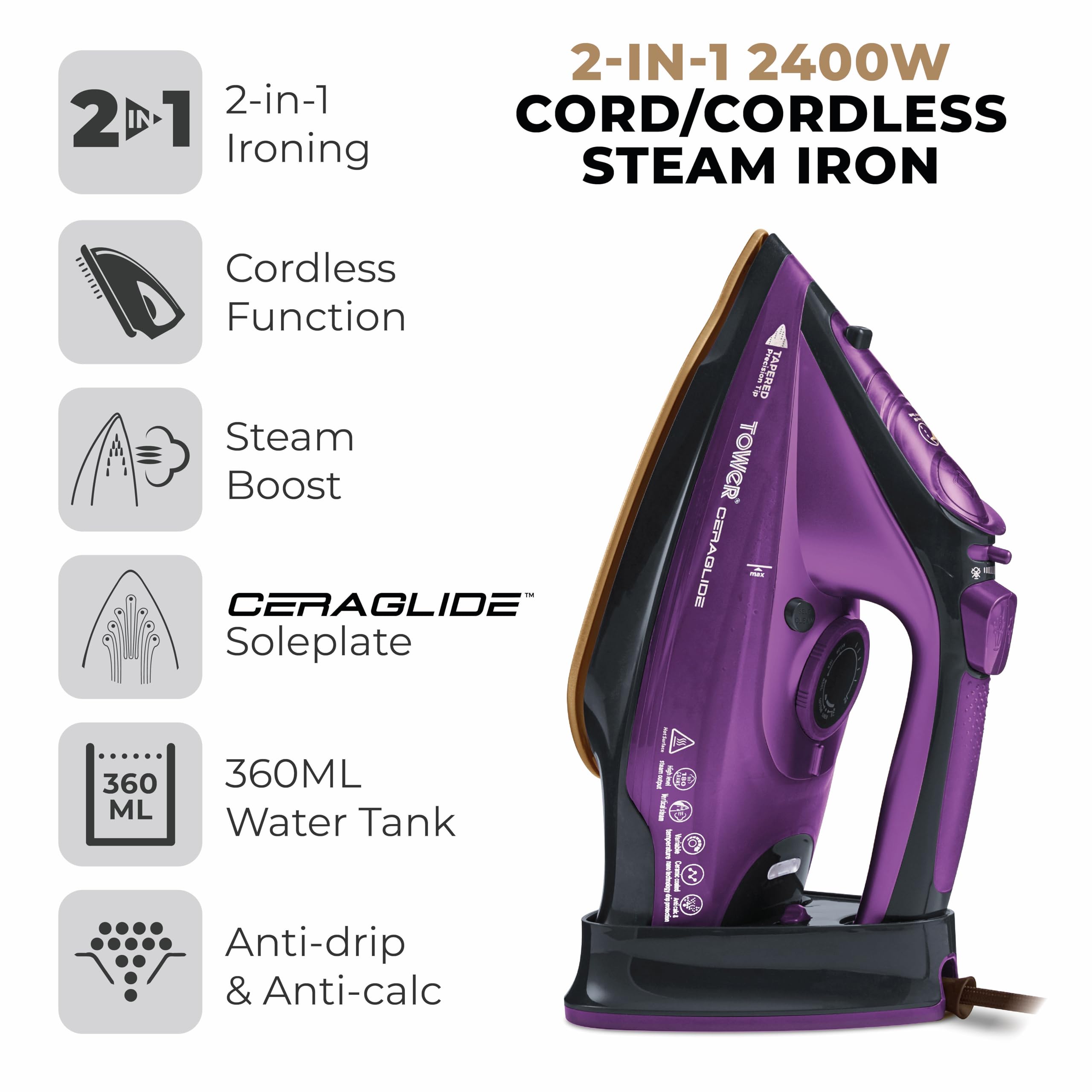 Tower T22008 CeraGlide Cordless Steam Iron with Ceramic Soleplate and Variable Steam Function, 2400 W, Purple